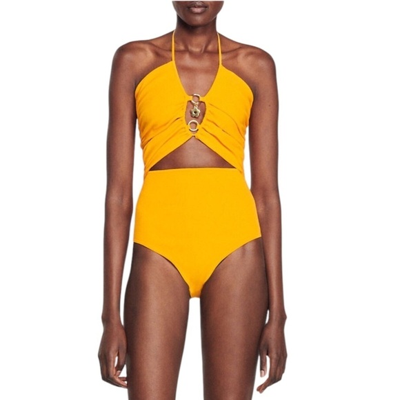 NWT Sandro Bodysuit Assiya Ring Halter Open Back in Marigold - Picture 6 of 16